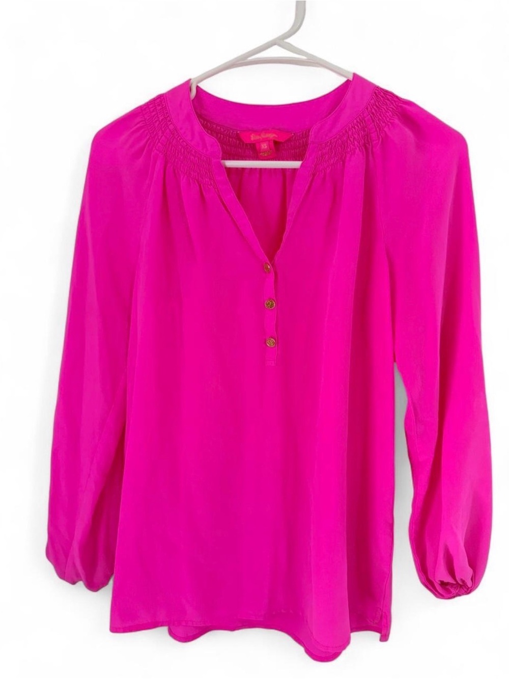 Lilly Pulitzer Bright Pink Long-Sleeve Split-Neck Blouse